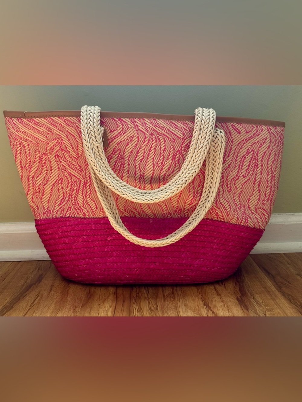 Magid Pink Two-Tone Straw Tote with Cream Braided Handles